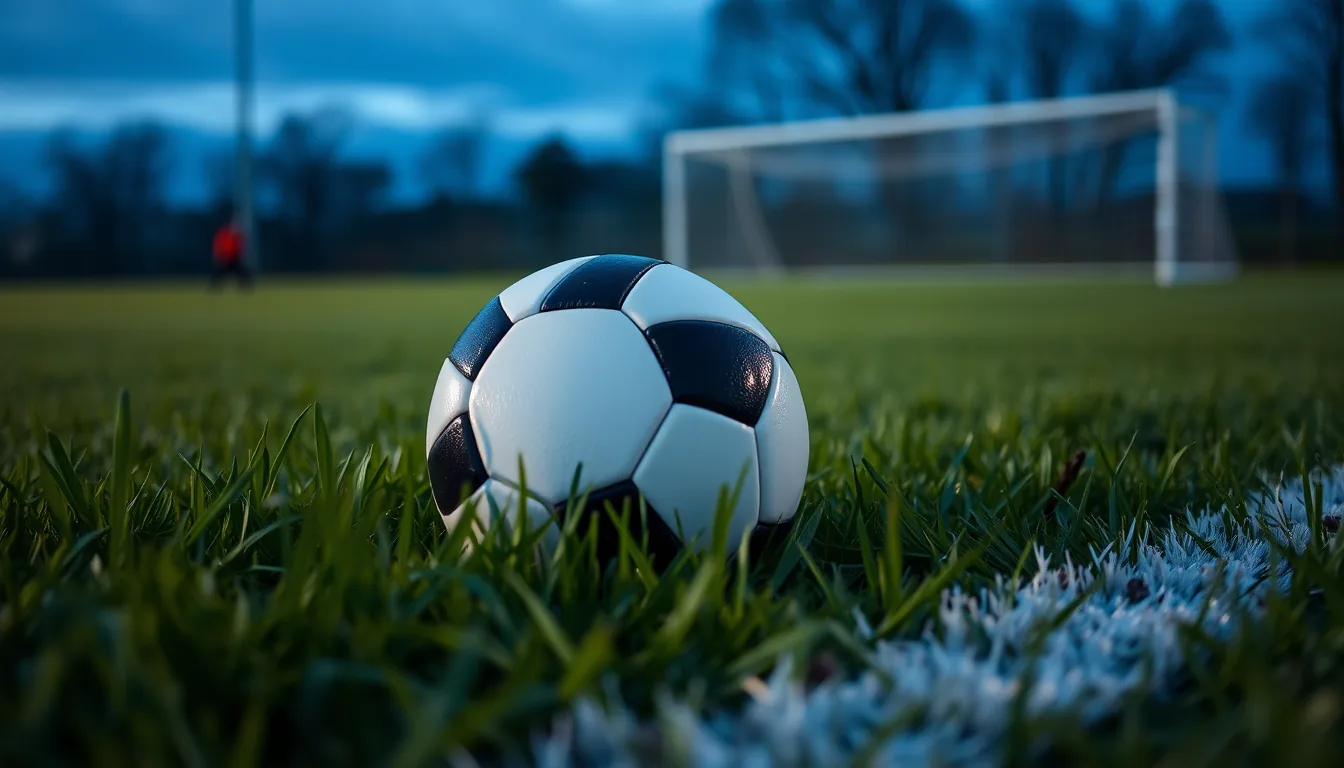 Alacakaranlıkta ıslak çim üzerinde duran futbol topu